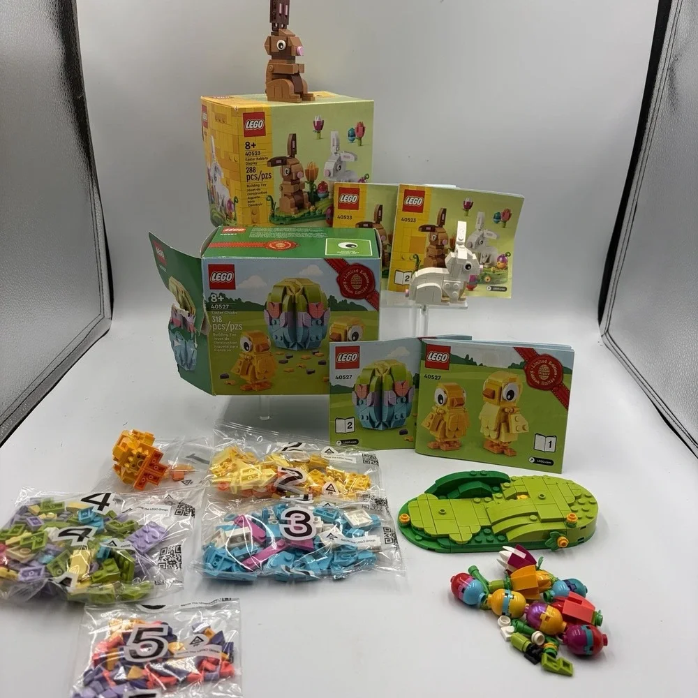 LEGO Easter Sets 40523 & 40527 Easter Rabbits & Easter Chicks Open And Assembled